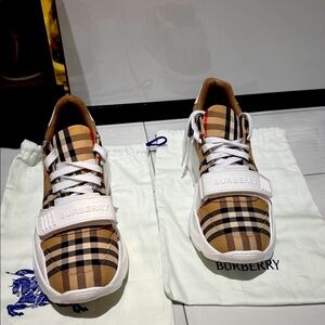 Burberry Unisex Checkered Sneakers - Tan and Black
